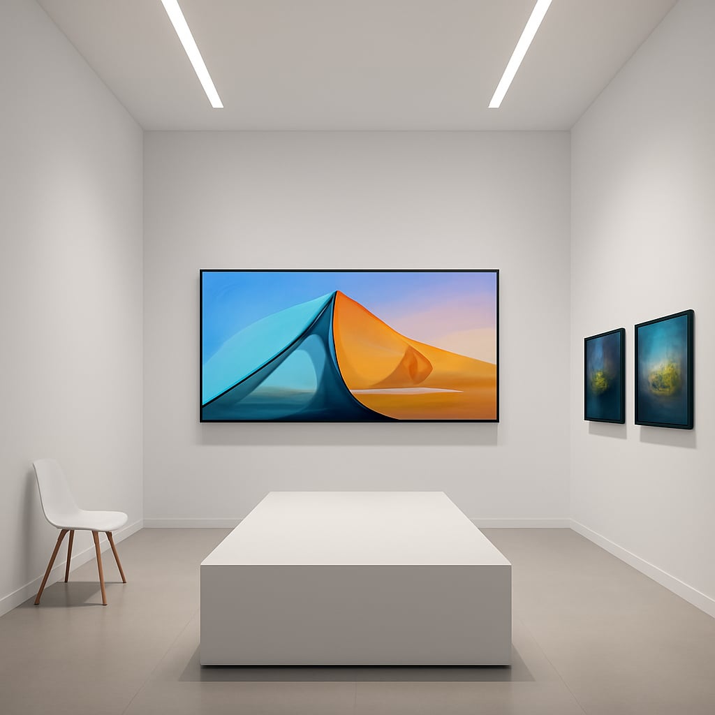 A gallery room with a large screen and framed prints