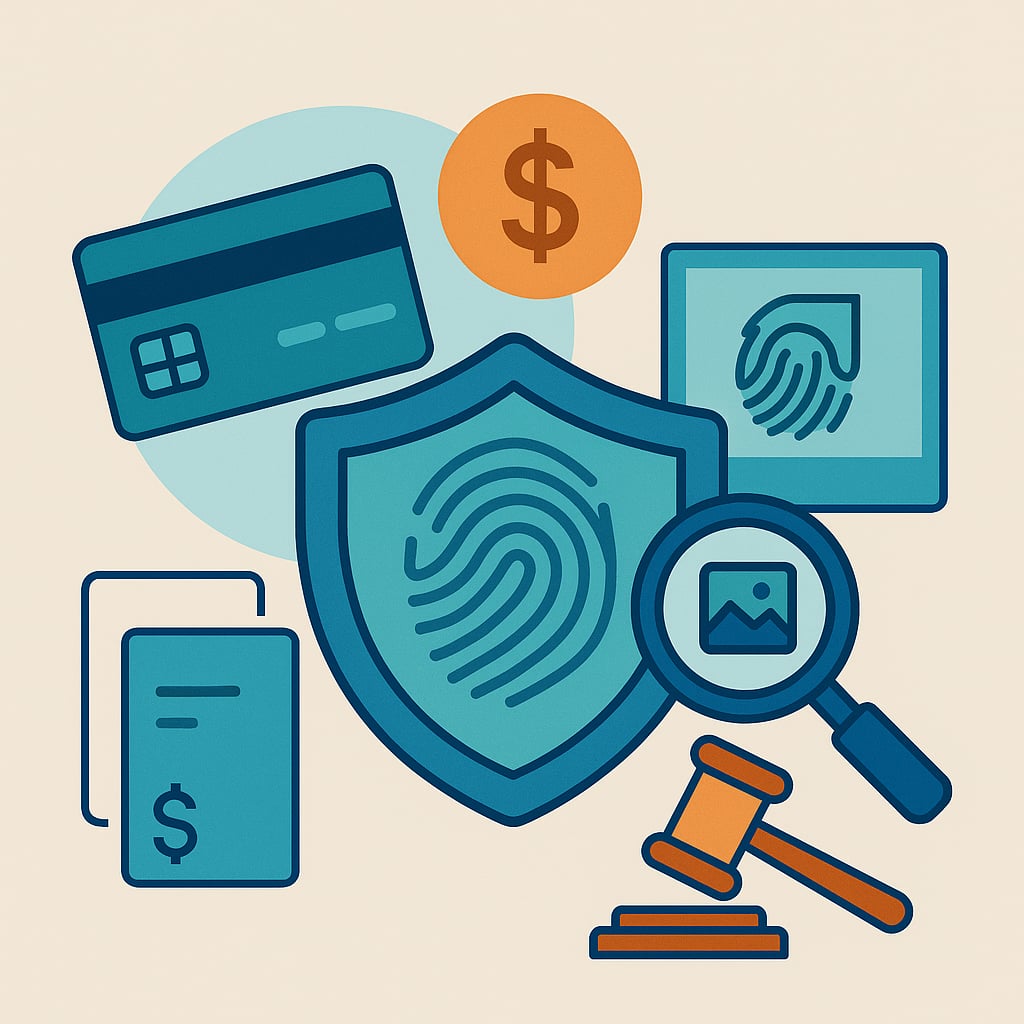 Illustration of payment cards, a fingerprint shield, and a gavel